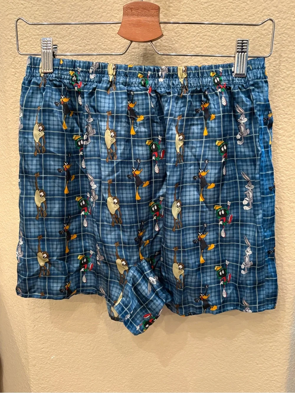 NWT~Vtg 2001 Looney Tunes Blue Plaid 100% Silk Boxer Shorts Size Medium